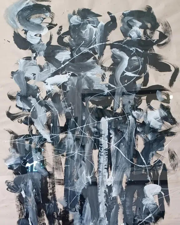 Éternité, Apparitions 01 : peinture de l’artiste Akoi AKA, acrylique et encre de chine sur papier xuan, 140 × 60 cm