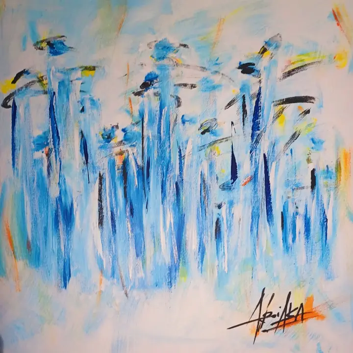 Éternité, Bleu douceur : peinture de l’artiste Akoi AKA, acrylique et encre de chine sur toile, 80 × 80 cm