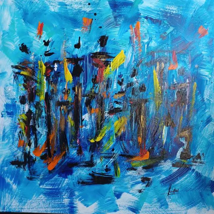 Éternité, Bleu pétrole : peinture de l’artiste Akoi AKA, acrylique sur toile, caisse américaine noire, 80 × 80 cm