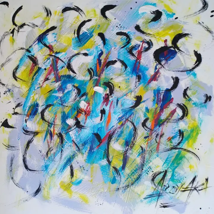 Éternité, Colors of joy : peinture de l’artiste Akoi AKA, acrylique et encre de chine sur toile, 80 × 80 cm