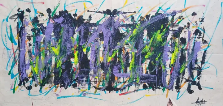 Éternité, Colours first, Hamilton : peinture de l’artiste Akoi AKA, acrylique et encre de chine sur papier xuan, 140 × 60 cm