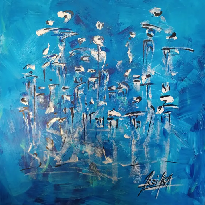 Éternité, Deep Blue : peinture de l’artiste Akoi AKA, acrylique et encre de chine sur toile de lin, 100 × 100 cm