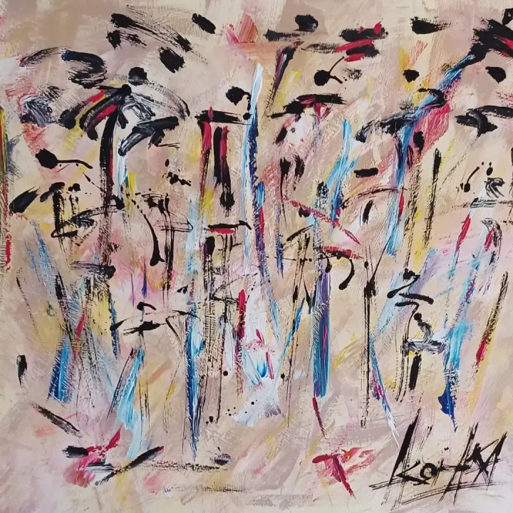 Éternité, Fougues I : peinture de l’artiste Akoi AKA, acrylique et encre de chine sur toile, 120 × 120 cm