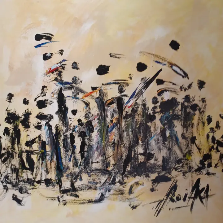 Éternité, Fougues II : peinture de l’artiste Akoi AKA, acrylique et encre de chine sur toile, 70 × 70 cm