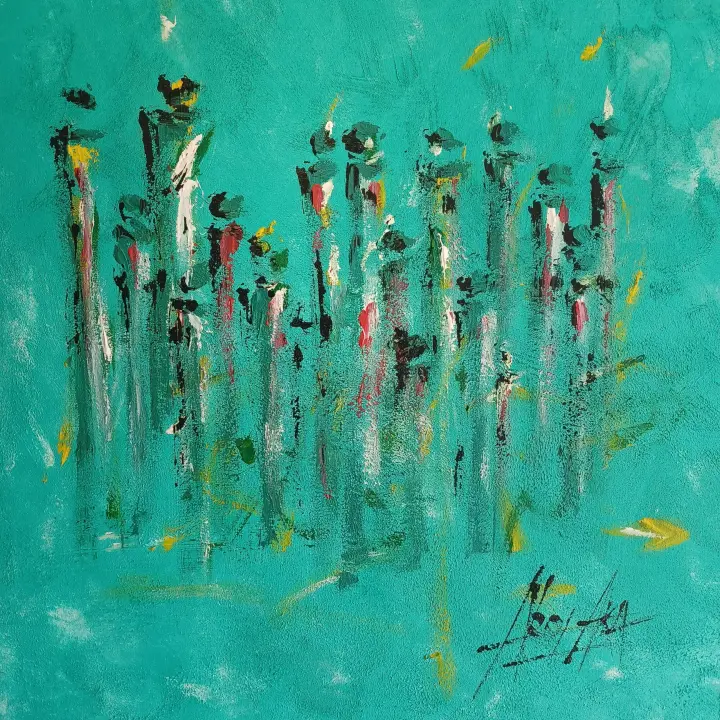 Éternité, Garden of Dreams : peinture de l’artiste Akoi AKA, acrylique et encre de chine sur toile de lin, 100 × 100 cm