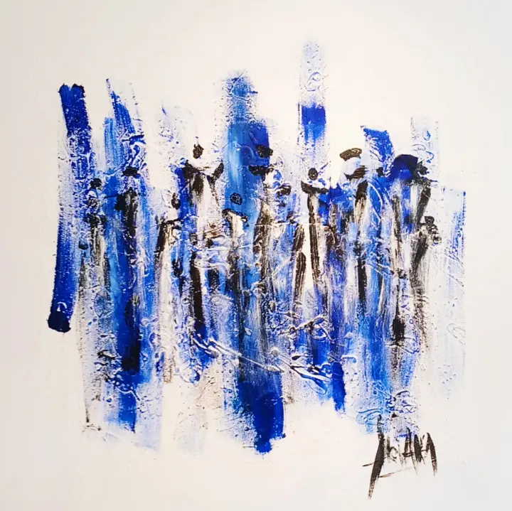 Éphémérides, Glass Paint 10 mm : peinture de l’artiste Akoi AKA, technique mixte sur verre, table basse pieds métal, 80 × 80 cm