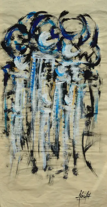 Éternité, Into Darkness : peinture de l’artiste Akoi AKA, encre acrylique sur papier xuan, 140 × 60 cm