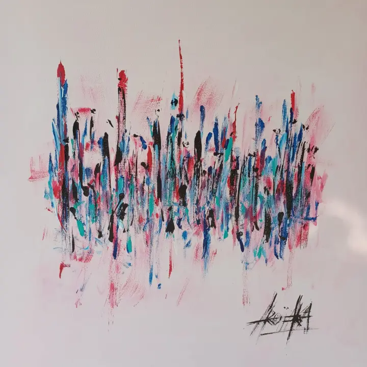 Éternité, Le monde en rose : peinture de l’artiste Akoi AKA, acrylique sur toile, 80 × 80 cm