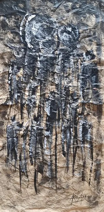 Éternité, Lignée 01 : peinture de l’artiste Akoi AKA, encre acrylique sur papier xuan, 140 × 60 cm