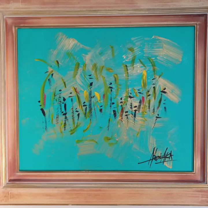 Éternité, Lovely green days : peinture de l’artiste Akoi AKA, acrylique sur toile, cadre bois, 93 × 82 cm