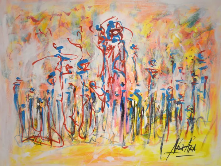 Éternité, Muse et courtisans : peinture de l’artiste Akoi AKA, acrylique sur toile, 140 × 120 cm