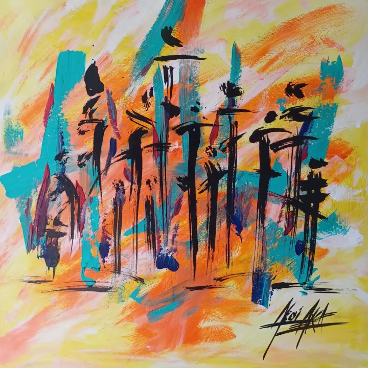 Éternité, Solaire : peinture de l’artiste Akoi AKA, acrylique sur toile, caisse américaine noire, 80 × 80 cm