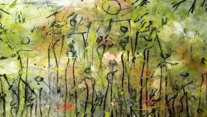 Éphémérides, Tribu II : peinture de l’artiste Akoi AKA, technique mixte sur verre, cadre bois, 80 × 80 cm